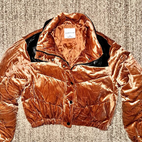 Celebrity Pink Velvet Crop Puffer Jacket Women's Outerwear Coat in Cognac - Picture 8 of 12